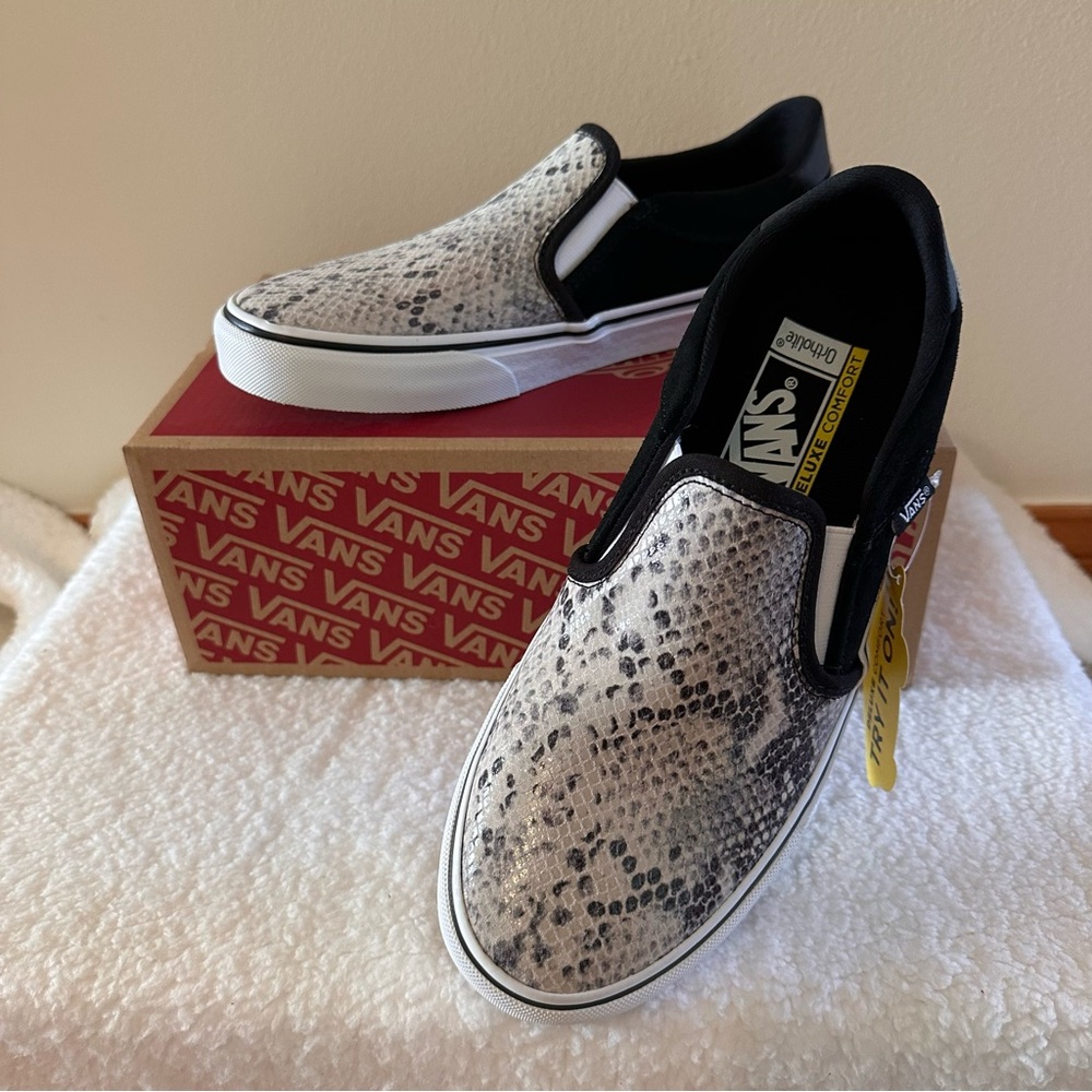 Vans Black and White Snake Pattern Slip-On Sneakers
